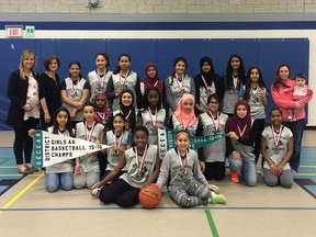 Northwood school’s senior girls basketball team won the city and district championship. Front row, from left: Audrey Ntenani, Kiki Sran; middle row, from left: Reem Chelni Haj Hassan, Reem Elhaj, Manar Chelni Haj Hassan, Sabrin Mustafa, Lamese Ammar, Kagila Tutu, Maryam Bhatti, Saleha Khan, Jana Faraj, Betty Teferi, back row, from left: coach Diane Gardonio, coach Heather English, Aisha Mazloum, Zainab Aboukamil, Maaheen Khan, Urooj Siddiqui, Sireen Elhawli, Ifrah Nur, Sona Regonda, Namanya Narang, coach Katie Harrington, coach Audrey Habib