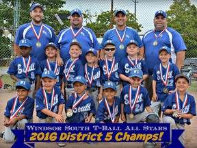 Windsor South went undefeated in five games to capture the District 5 Little League T-Ball Championship. Front row, from left: Aarav Tyagi, William Hunt, Kacent Coleman, Kardin Coleman, Hollis Neale, Bruno Varacalli; middle row, from left: Eddie Eziefule, Matteo Coletti, Noah Thibert, Dallas Knight, Attilio Naccarato, Jacob Sassine, Chase Patterson; back row, from left: coach Andrew Patterson, coach Chad Neale, coach Kerry Knight, coach Rob Sassine