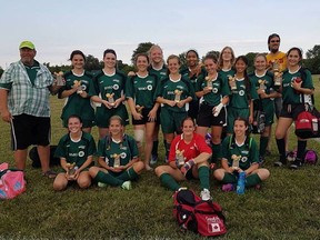 The BMO Hornets girls soccer team went undefeated to win the Tom Hillis Tournament. Front row, from left: Elizabeth Mallen, Alyssa Lauzon, Grace Pare, Julia Belton; back row, from left: coach Patrick Roberts, Laura Bara, Laura McNeil, Jessie Lyn Tobin, Alexandria Forbes, Anna Inglis, Savaughn Riley, Chloe Hotte, Elysia Kustra, Taylor Nugent, Hailey Woodworth, assistant coach James Pare, Sevda Saadat; absent: Lily Zitko, Victoria Micallef-Bustamante