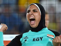 Doaa Elghobashy of Egypt reacts during the Women's Beach Volleyball preliminary round Pool D match.