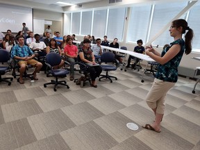 Krista Spielman makes her pitch for her company vEden to a panel of judges at the EPIC Founders Pitch Day at the Joyce Entrepreneurship Centre in Windsor on Aug. 10, 2016.