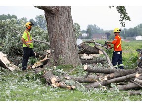WINDSOR, ON. AUGUST 25, 2016. --  Crews work to clean up and repair the damage from a tornado on Victory Street in LaSalle on Thursday, August 25, 2016. The tornado cut a narrow path several blocks long and caused extensive damage to several homes.                   (TYLER BROWNBRIDGE / WINDSOR STAR)
