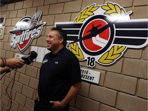 Spitfires general manager Warren Rychel talks with the media during Day 1 of training camp at the WFCU Centre in Windsor on Aug. 29, 2016.