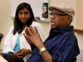 Recovering stem cell transplant patient Dan Thomas, right, with Dr. Sindu Kanjeekal at Windsor Regional Hospital's Cancer Centre on Aug. 2, 2016.