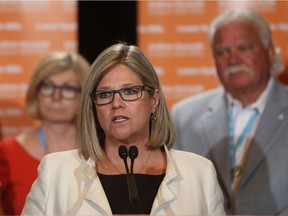 Ontario NDP leader Andrea Horwath speaks with the media during the Association of Municipalities of Ontario conference at Caesars Windsor on Aug. 15, 2016 in Windsor.