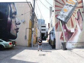 Ali Ahmed, owner and CEO of Pushers in downtown Windsor, stands in front of murals painted in the alley between his business and that of lawyer Steve Funtig.