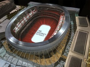 A model of the new Little Caesars Arena is shown on Aug. 23, 2016.