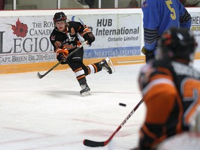 73's Tyler Scott scores on a screen shot against Admirals goaltender Daniel Tonietto in Junior C exhibition hockey action from Essex Centre Sports Complex Sept. 13, 2016.