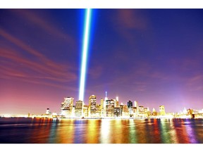 NEW YORK, UNITED STATES - SEPTEMBER 11:  The "Tribute in Light" illumiinates the skyline of Lower Manhattan as seen from the Brooklyn Heights Promenade, September 11, 2016 in New York City. Throughout the country services are being held to remember the 2,977 people who were killed in New York, at the Pentagon and in a field in rural Pennsylvania on Sept. 11, 2001.