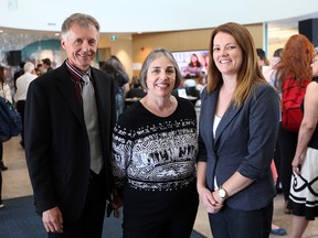 From left, Dr. University of Windsor President Alan Wildeman, Director of the Humanities Research Group Erica Stevens Abbitt, and Windsor Lancers Basketball coach Chantal Vallee, during a humanities week kickoff event on September 12, 2016. (Jason Kryk/Windsor Star)