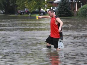 Steve Banks is shown in knee deep water on Lesperance Road near Riverside Drive on Sept. 29, 2016, in Tecumseh. Heavy rains caused flooding in much of the area.