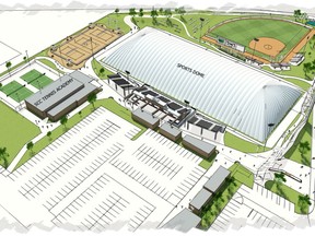 A drawing shows the proposed St. Clair College sports park. The drawing shows the domed field and the indoor-outdoor tennis academy.