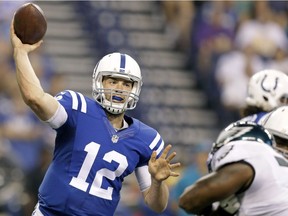 In this Aug. 27, 2016, file photo, Indianapolis Colts quarterback Andrew Luck (12) throws the ball against the Philadelphia Eagles during the first half of an NFL preseason football game in Indianapolis.
