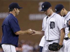 Jordan Zimmermann (27) of the Detroit Tigers is pulled by manager Brad Ausmus of the Detroit Tigers during the second inning of a game against the Baltimore Orioles at Comerica Park on Sept. 10, 2016 in Detroit, Mich.