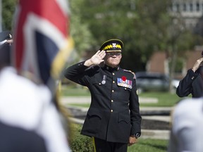 Lt. Col. Andy Stewart of the Royal Scots Dragon Guards of the British Army stands at attention during a commemoration of the 76th anniversary of the Battle of Britain at Jackson Park Sunday, Sept. 11, 2016.