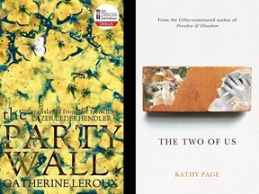 Cover images for the novel The Party Wall by Catherine Leroux and the story collection The Two of Us by Kathy Page. The two books - published by Windsor's Biblioasis - are on the longlist for the 2016 Scotiabank Giller Prize.