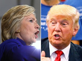 Hillary Clinton, Democrat presidential candidate, at a campaign stop in Florida (left) and Donald Trump, Republican presidential candidate at a campaign stop in Ohio (right).