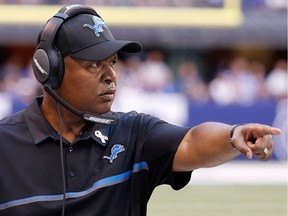 Head coach Jim Caldwell of the Detroit Lions signals from the sidelines during a game against the Indianapolis Colts at Lucas Oil Stadium on Sept. 11, 2016, in Indianapolis.