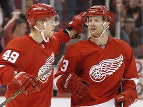 Detroit Red Wings defenceman Nick Jensen (3) celebrates his goal against the Toronto Maple Leafs with Andrej Nestrasil (49) in the second period of an NHL hockey game in Detroit on Sept. 29, 2014.