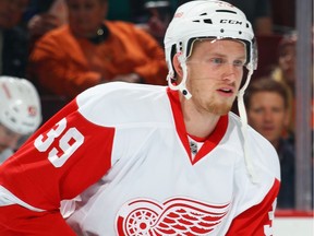 Anthony Mantha #39 of the Detroit Red Wings warms up prior to playing in his first NHL game against the Philadelphia Flyers at the Wells Fargo Center on March 15, 2016 in Philadelphia, Penn.