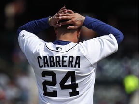 Detroit Tigers' Miguel Cabrera reacts to flying out against the Minnesota Twins in the fifth inning of a baseball game in Detroit on Sept. 15, 2016.