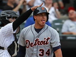 James McCann (34) of the Detroit Tigers reacts after striking out in the ninth inning against the Chicago White Sox at U.S. Cellular Field on Sept. 7, 2016 in Chicago.