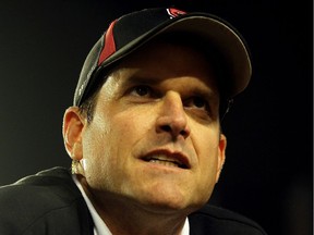 Head coach Jim Harbaugh looks on after Stanford trounced Virginia Tech during the 2011 Discover Orange Bowl at Sun Life Stadium on Jan. 3, 2011 in Miami, Fla.