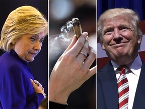 File photos of Democratic presidential candidate Hillary Clinton (left), Republican presidential candidate Donald Trump (right), and a really big joint (center).