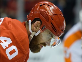 Detroit Red Wings' Henrik Zetterberg readies for a faceoff against the Philadelphia Flyers at Joe Louis Arena on April 6, 2016.