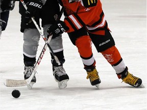 A pair of hockey players fight for the puck in this 2015 file photo.