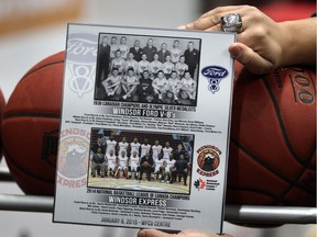 Families of the 1936 Windsor Ford V-8's senior basketball team were honoured with a plaque recognizing the '36 Olympic medallists along with the 2014 NBL of Canada Champs Windsor Express on Jan. 8, 2015.