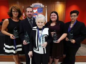 Linda Amato, Don Durham, Bea Rene, Christina Guido and Rama Musharbash (left to right) are recognized for the volunteer service during the Volunteer Recognition Celebration at the LaSalle Civic Centre on Friday, September 23, 2016.
