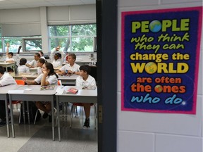 Students pay attention during class at Assumption College Catholic Middle School on September 9, 2016 in Windsor, Ontario.