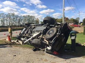 Emergency crews on the scene of rollover collision near Sexton Side Road and County Road 46.