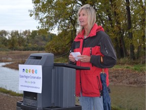 Annette Zahaluk, manager of parks and naturalized areas for the Town of Amherstburg, speaks during a news conference at the Holiday Beach Demonstration Wetland in Amherstburg on Friday, Oct. 21, 2016.