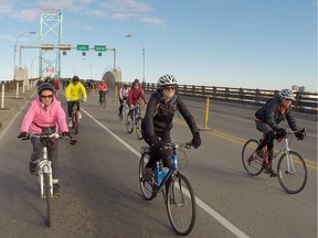 Approximately 500 cyclists crossed the Ambassador Bridge and back for Tour de Troit's annual Bike the Bridge on Oct. 12, 2014.