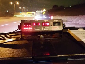 The view from the dashboard of the OPP cruiser that pulled over a LaSalle pick-up truck travelling more than 50 km/h faster than the 100 km/h speed limit on Highway 401 in the Tecumseh area on the night of Oct. 7, 2016.