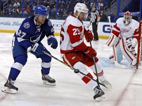 Jonathan Drouin #27 of the Tampa Bay Lightning forechecks against Mike Green #25 of the Detroit Red Wings during the second period at the Amalie Arena on October 13, 2016 in Tampa, Florida.