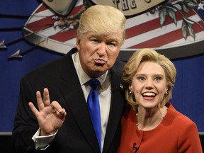 In a Saturday, Oct. 1, 2016 photo provided by NBC, Alec Baldwin, left, as Republican presidential candidate, Donald Trump, and Kate McKinnon, as Democratic presidential candidate, Hillary Clinton, perform on the 42nd season of Saturday Night Live, in New York. Republican presidential candidate Donald Trump tweeted early Sunday morning, Oct. 16, 2016, that the show's skit depicting him this week was a "hit job." Trump went on to write that it's "time to retire" the show, calling it "boring and unfunny" and adding that Alec Baldwin's portrayal of him "stinks."