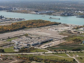 The customs and toll plaza area for the Gordie Howe International Bridge is shown on Oct. 19, 2016 along the Detroit River in Windsor, Ont.