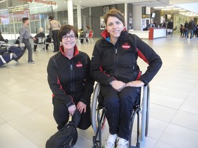 Windsor’s Jessica Matassa, right, part of Canada’s team competing at world women’s sledge hockey festival in Norway Oct. 20-22, 2016, sits beside Janice Coulter, president of the Women's Sledge Hockey of Canada, prior to a recent training session at the Brant County Sports Complex.