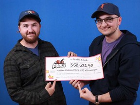 Jordan Switzer (left) of London and Matthew Maksoud (right) of Leamington hold up the prize cheque they won with their football picks in the Pro-Line game POOLS.