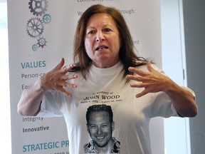 Rose Wood speaks during a news conference on Thursday, Oct. 6, 2016, at the Atlas Tube Recreation Centre in Lakeshore. Wood lost her son, John, in 2007 and has been running in the Detroit Free Press/Talmer Bank Marathon in his memory for the last six years