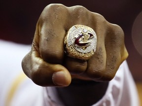 LeBron James of the Cleveland Cavaliers shows his championship ring made by Windsor-based company Baron Championship Rings on Oct. 25, 2016 at Quicken Loans Arena in Cleveland, Ohio.
