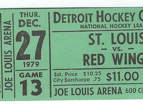 An actual ticket from the first game played at Joe Louis Arena in 1979.