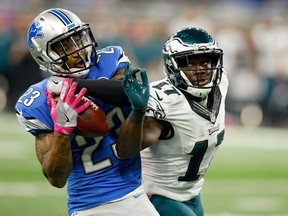 Darius Slay #23 of the Detroit Lions intercepts a pass intended for Nelson Agholor #17 of the Philadelphia Eagles in the final minutes of their game at Ford Field on October 9, 2016 in Detroit, Michigan.  The Lions defeated the Eagles 24-23.
