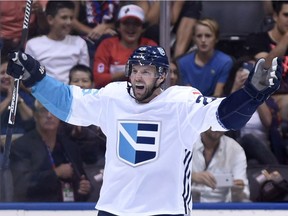 Thomas Vanek celebrates a Team Europe goal during the World Cup of Hockey in Toronto on September 19, 2016.