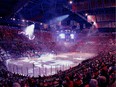 Fans watch the pre-game show prior to Game 6 of the Eastern Conference Quarterfinals between the Tampa Bay Lightning and the Detroit Red Wings at Joe Louis Arena on April 27, 2015.