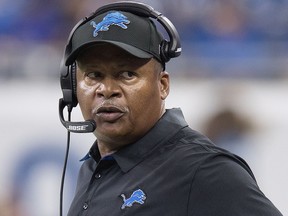 Head coach Jim Caldwell of the Detroit Lions watches his team against the Tennessee Titans during 1st half action at Ford Field on September 18, 2016 in Detroit, Michigan.