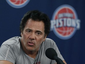 Detroit Pistons team owner Tom Gores addresses the media before an NBA basketball game against the Orlando Magic, Oct. 28, 2016 in Auburn Hills, Mich. Gores addressed the possibility of the team moving to Detroit from Auburn Hills.